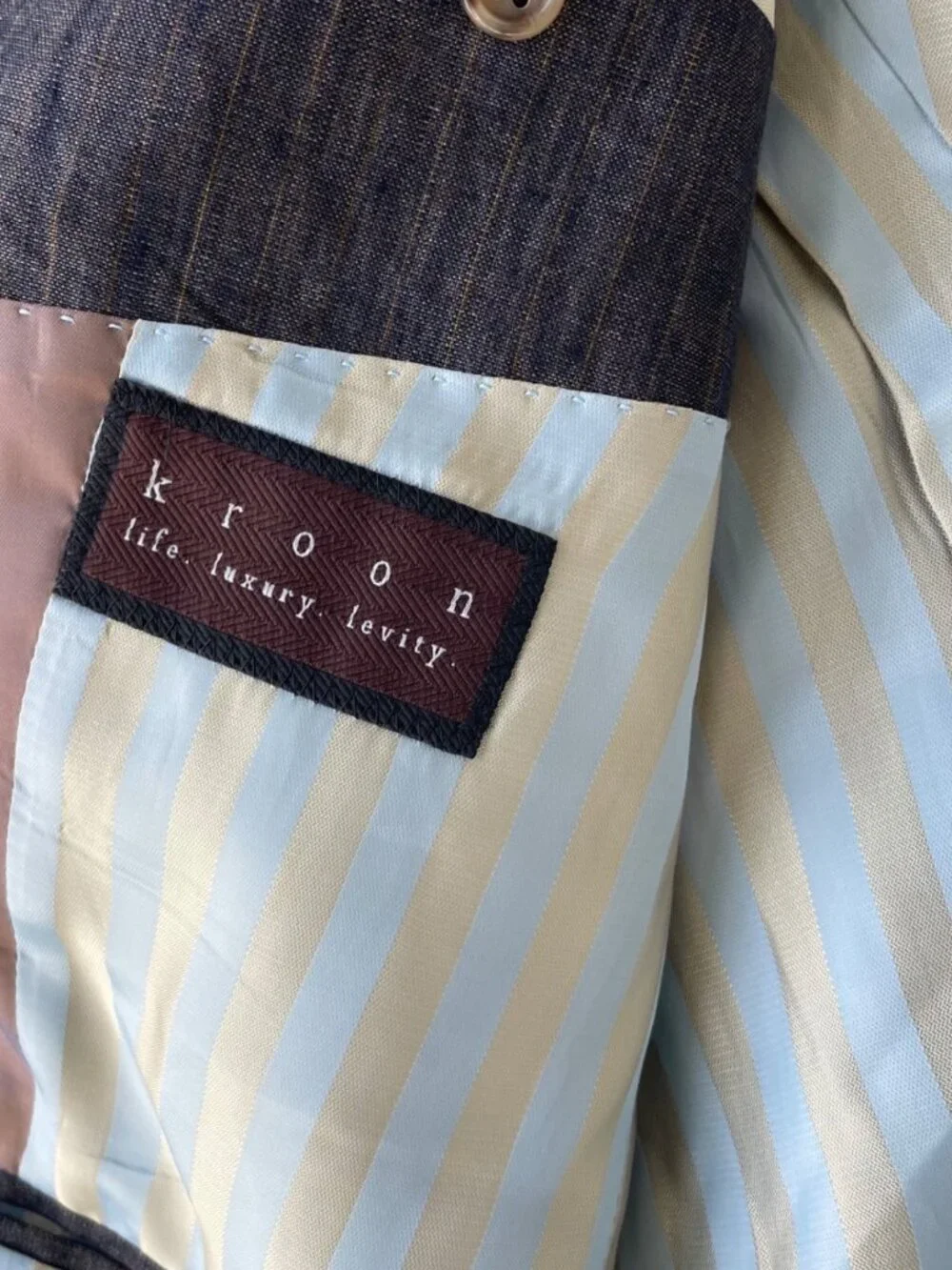 Kroon Sports Coat Blazer 100% Linen Navy Gold Striped Lining Mens 44R Summer